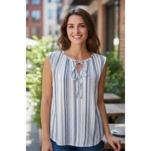 Gilli Blue White Striped Tie Neck Rayon Tank Top Blouse OT6460 Small